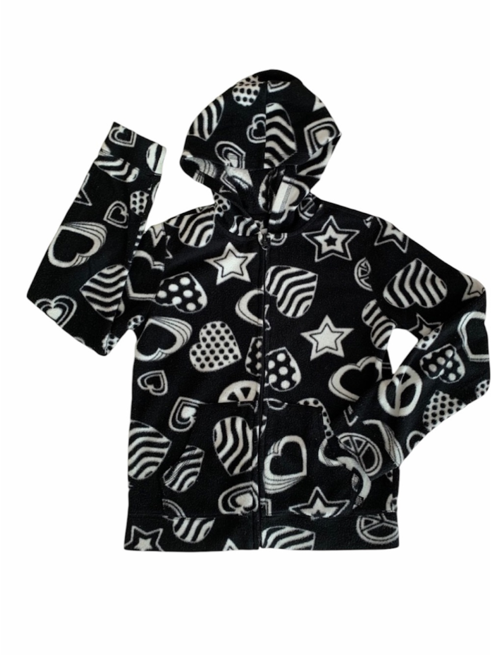 The Childrens Place Girls L 10 12 Black White Fleece Zip Up Hoodie Jacket Hearts